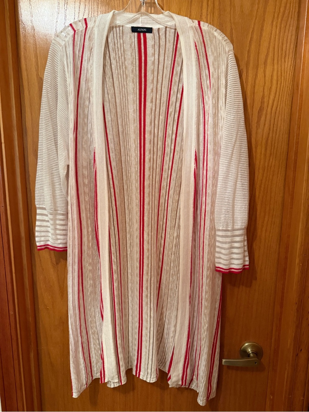 Alfani Lightweight Sheer Open-Front Striped Cardigan — Cream & Red 2X